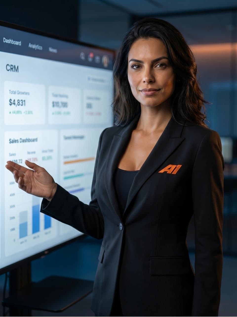 Livia ao lado do painel do CRM da Acelera Car